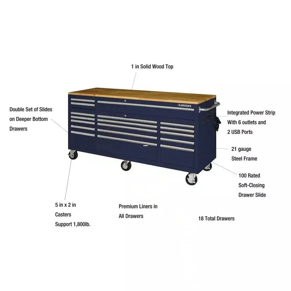 72-Inch 18-Drawer Mobile Workbench with Solid Wood Top, Gloss Blue - Image 6