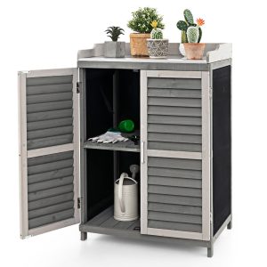 Outdoor Potting Workbench with Metal Tabletop, Garden Storage Cabinet for Patio