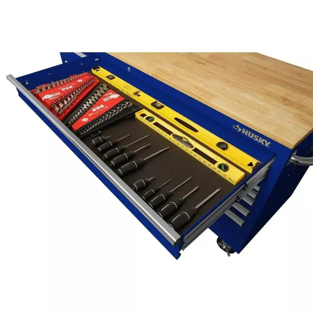 72-Inch 18-Drawer Mobile Workbench with Solid Wood Top, Gloss Blue - Image 3