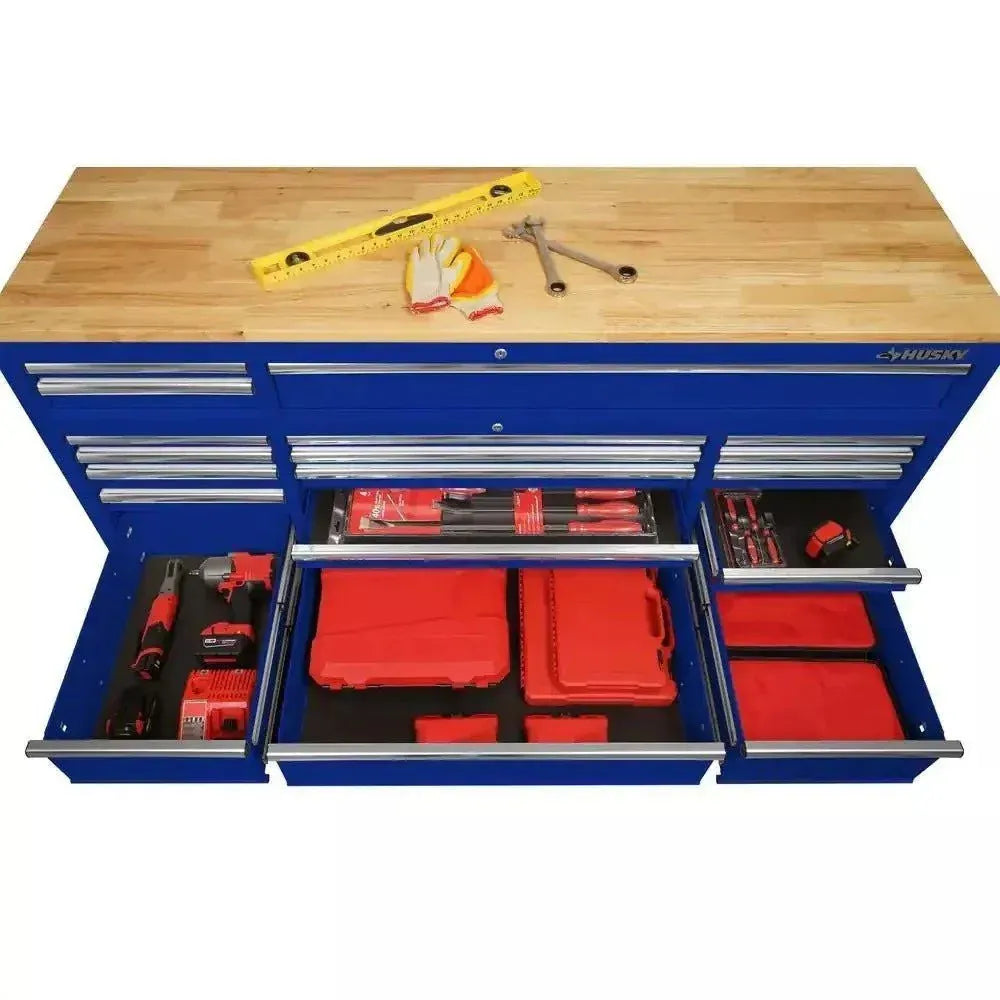 72-Inch 18-Drawer Mobile Workbench with Solid Wood Top, Gloss Blue - Image 4