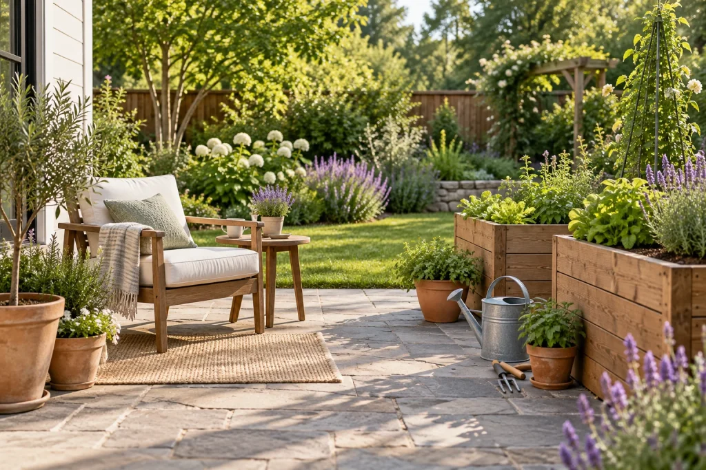 Sunlit garden patio with plants and outdoor living