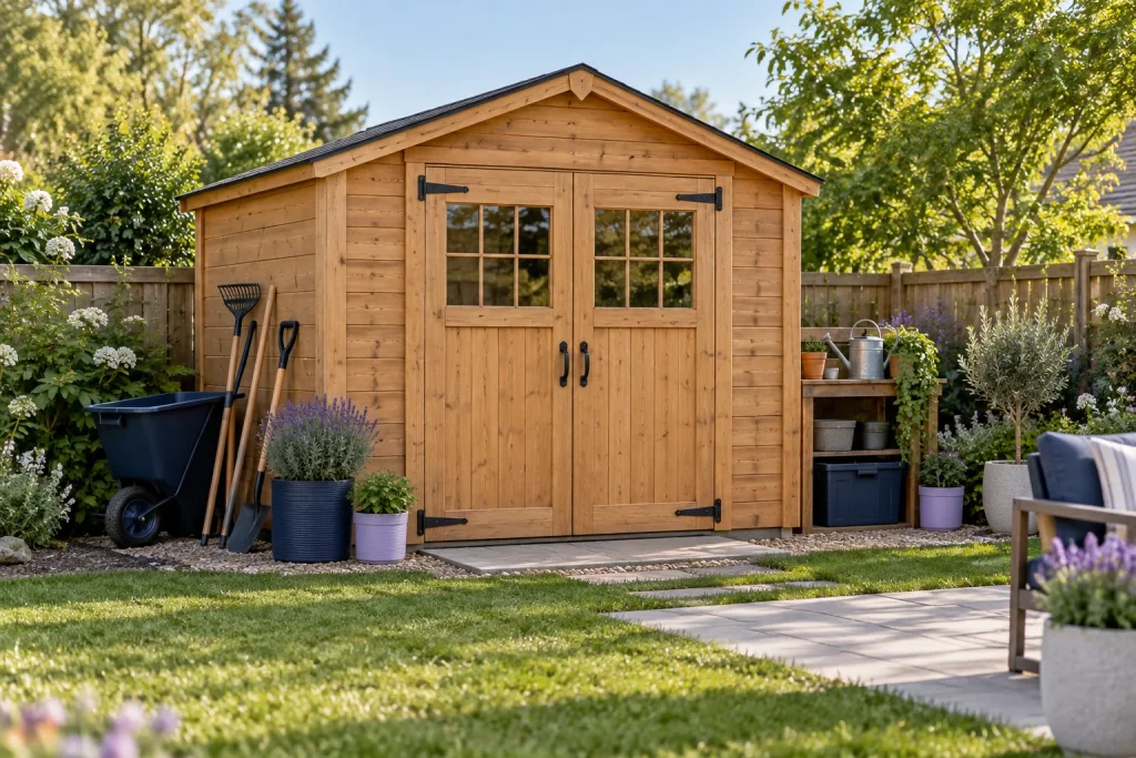 Wooden outdoor storage shed with garden tools