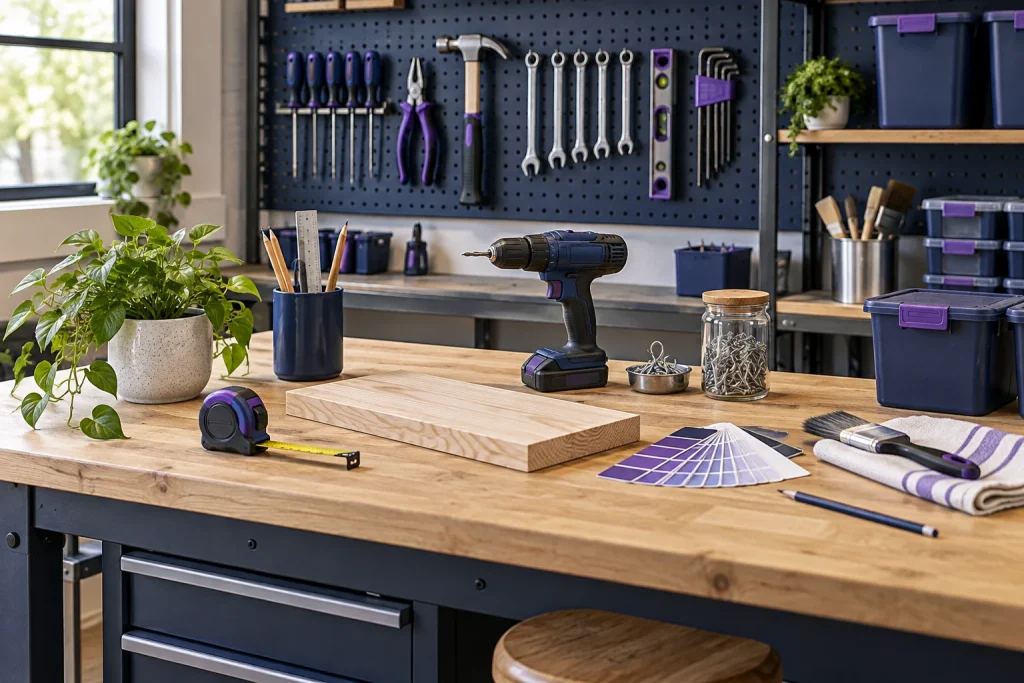 Organized home workshop with tools and DIY supplies